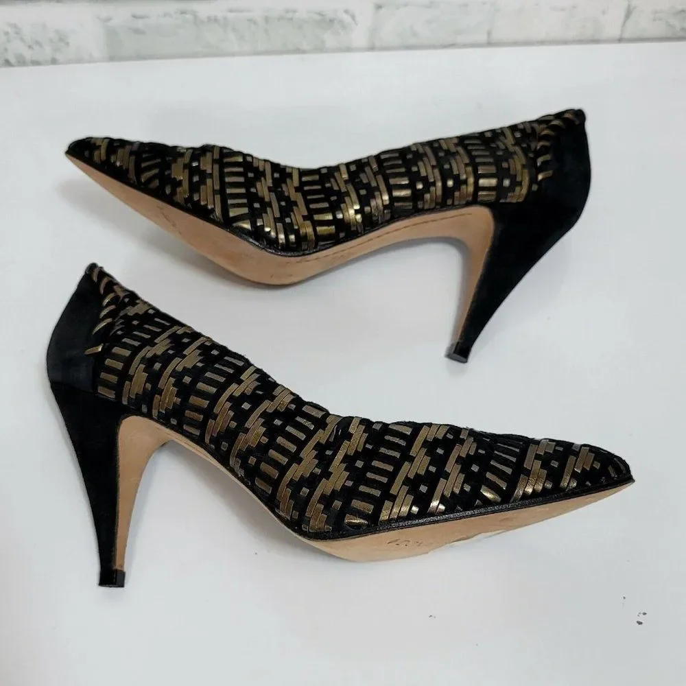 Vintage 90s Donald J Pliner Womens 7.5 Woven Black Gold Pump Heels‎